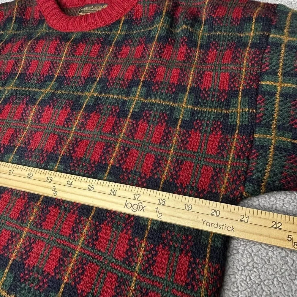 VINTAGE Eddie Bauer Sweater Mens M Red Green Tartan Plaid Crewneck Made USA 90s - Picture 8 of 12
